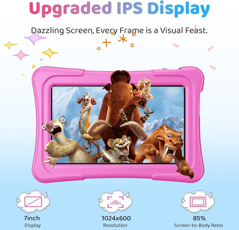 aiprotablet تابلت للأطفال، 7 بوصة أندرويد 15 تابلت للأطفال، 8GB+32GB 1TB قابل للتوسيع، تابلت للأطفال رباعي النواة مع غلاف مضاد للصدمات، BT5.0، واي فاي 5، تحكم أبوي، ألعاب، كاميرا مزدوجة (وردي) - Image 2